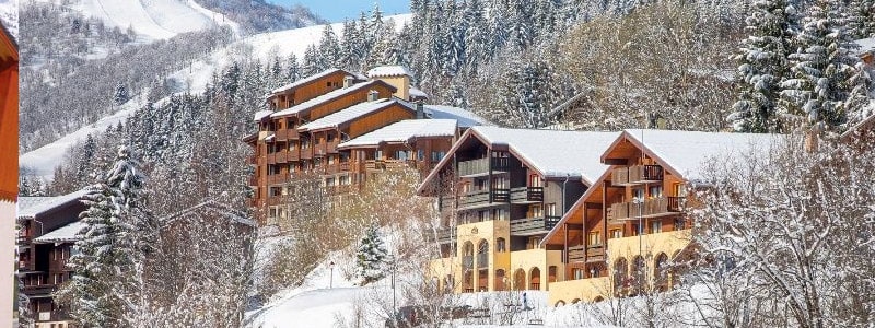 Résidences en bois au milieu des sapins enneigés à Valmorel